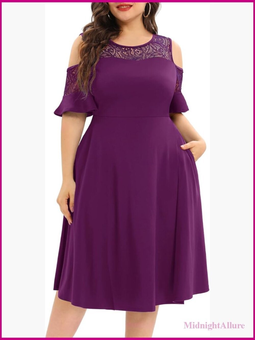 Plus Size Cold Shoulder Midi Cocktail Dress with Pockets Lace